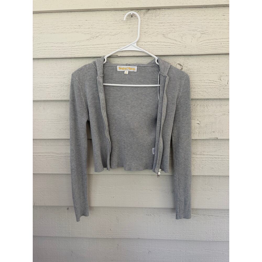 Sugar Moon Gray Ribbed Cropped Hoodie Jacket | Size S - Picture 2 of 6